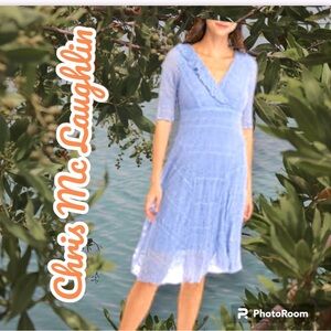 Chris McLaughlin Women's SZ M Elbow Sleeve Solid Lace Fit Flare periwinkle Dress